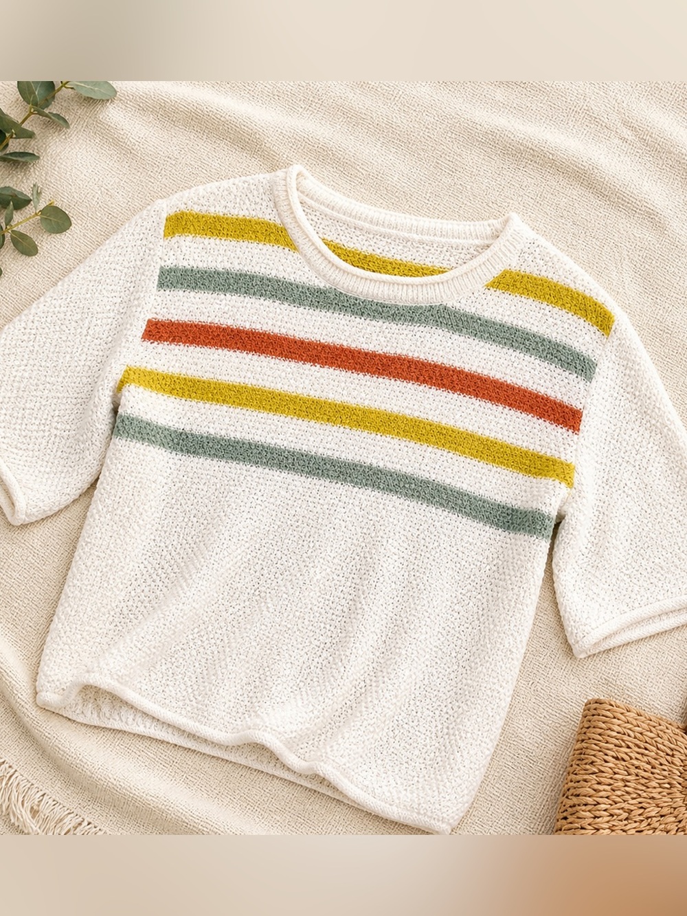 Boutique Rainbow Stripe Knit Sweater | Soft Textured Lightweight Top | Boho